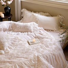 新款全棉铂金棉高定工艺雪纺蕾丝刺绣四件套--浪漫花开系列，床品套件，一起卖家纺