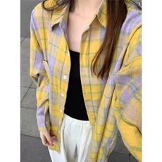 韩版复古黄色格子长袖衬衫女春夏百搭休闲显白宽松上衣CA270，男装衬衫，星座1116A（原606A-3）