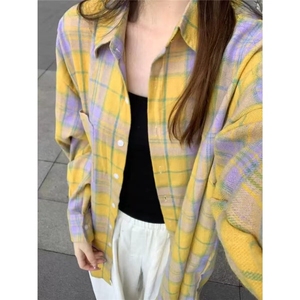 韩版复古黄色格子长袖衬衫女春夏百搭休闲显白宽松上衣 CA270图片