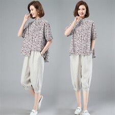 2022夏季新款时尚小碎花上衣+亚麻七分裤两件套，女装套装/套裙，独衣靓