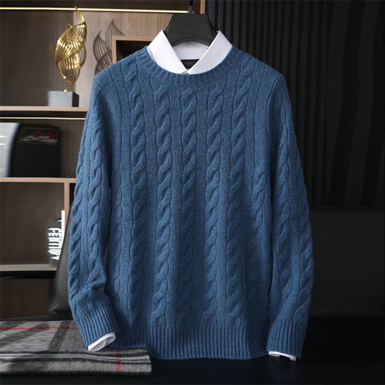 时尚男士双股麻花圆领羊毛衫经典蓝色修身款温暖舒适适合商务休闲，男装羊绒套衫，台绒羊绒