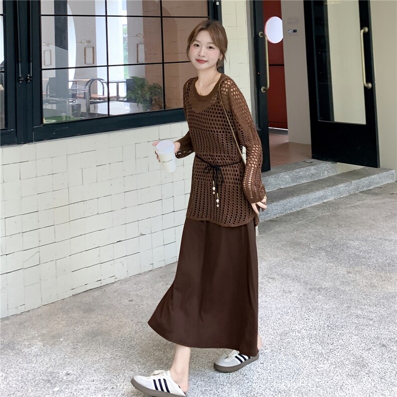 咖色美拉德镂空罩衫吊带裙套装2025新款女秋季轻熟气质穿搭两件套,女装连衣裙,维壹