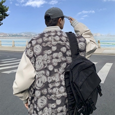 J609P30港风外景2024秋季新款满印笑脸印花棒球领拼色夹克外套，男装夹克，电商A026-1