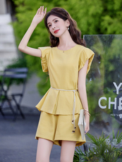 小香风棉质夏日绝美2025年新时尚显瘦系带花苞袖时尚短袖两件套装，女装套装/套裙，意芙