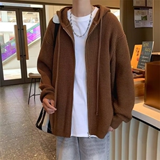 日系简约连帽拉链针织开衫毛衣男春秋新款情侣宽松百搭设计感外套，男装针织衫/毛衣，星座1013