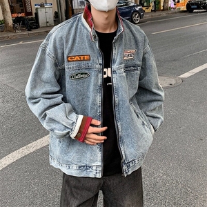 机车牛仔外套男士秋冬季新款青少年撞色立领宽松拉链夹克 JK5529图片