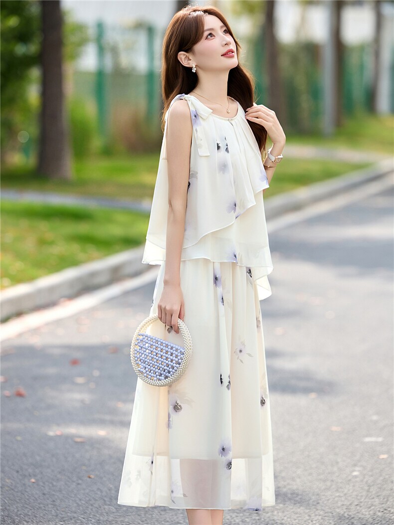 DLM8661白色花朵印花套装女夏无袖上衣半身裙两件套,女装套装/套裙,朵莱米