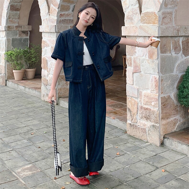 浅蓝色新中式国风牛仔套装初秋女2024新款炸街时尚阔腿裤两件套潮,女装套装/套裙,浙宝305