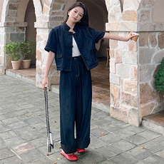 浅蓝色新中式国风牛仔套装初秋女2024新款炸街时尚阔腿裤两件套潮，女装套装/套裙，浙宝305