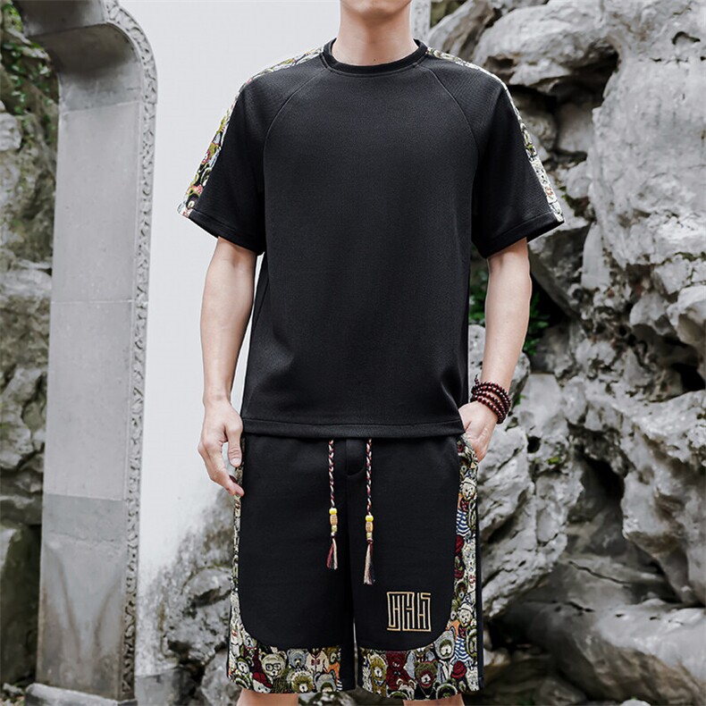 夏季拼接圆领T恤刺绣短裤两件套休闲运动套装潮A266-TZ9908-P50,男装牛仔裤,电商A266