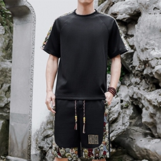 夏季拼接圆领T恤刺绣短裤两件套休闲运动套装潮A266-TZ9908-P50，男装牛仔裤，电商A266
