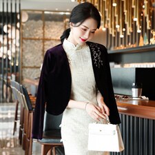 春秋金丝绒小外套女收腰显瘦修身超短款旗袍披肩开衫外搭短外套潮，女装短外套，婵米儿