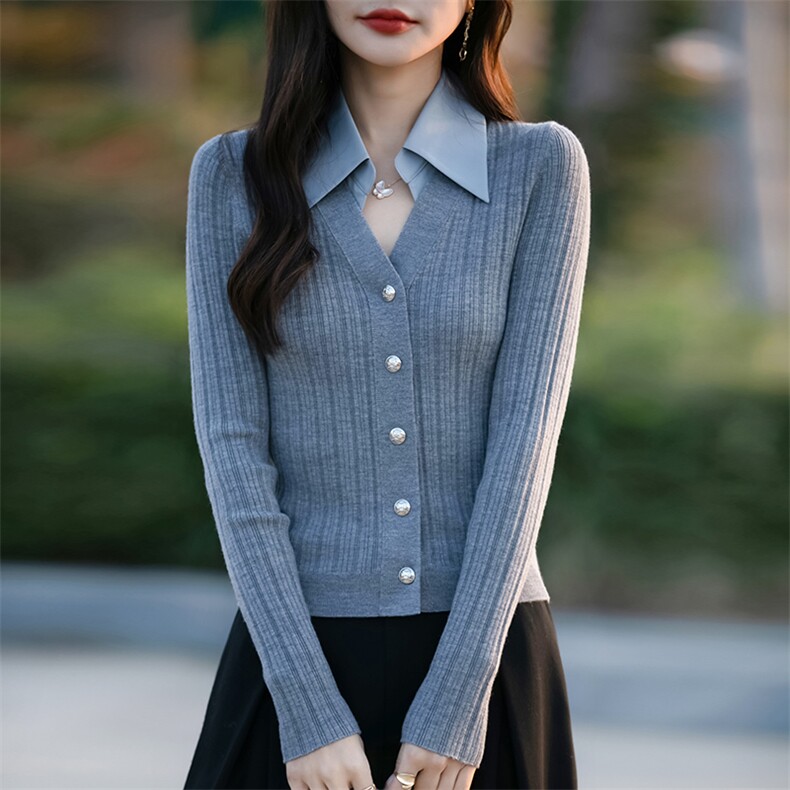 2025春季新款POLO领拼接假两件针织开衫女衬衣领修身薄款毛衣外套,针织衫/毛衣,佳绒包芯纱店