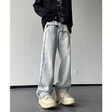 现货复古直筒拼接宽松阔腿浅蓝色牛仔裤XZ502-K638-P55控79，男装牛仔裤，星座502