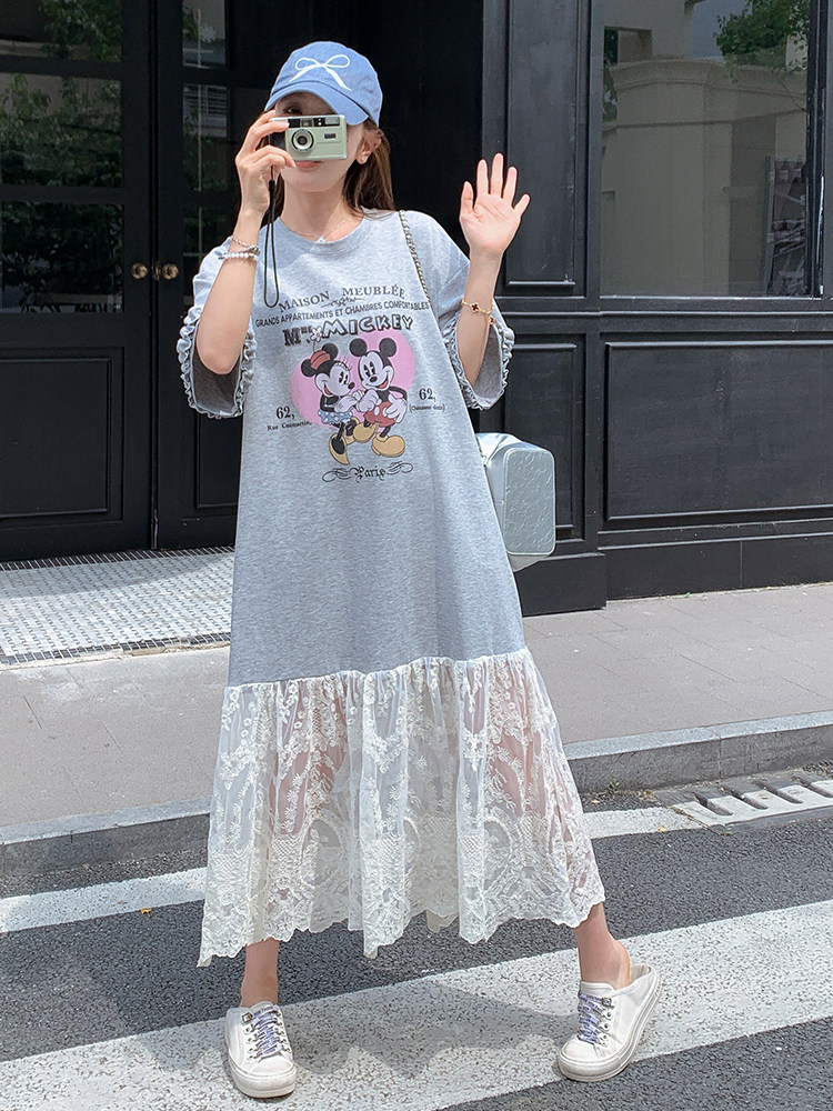 蕾丝拼接灰色T恤连衣裙女夏2025新款休闲气质巨好看长裙今年流行,女装连衣裙,浙宝305