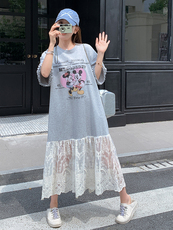 蕾丝拼接灰色T恤连衣裙女夏2025新款休闲气质巨好看长裙今年流行，女装连衣裙，浙宝305