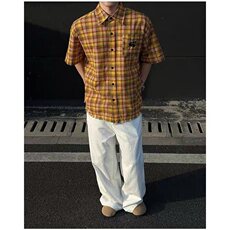 黄色格子正肩短袖衬衫男夏季美式外套薄款设计感工装衬衣CS366，男装T恤，星座1116A（原606A-3）
