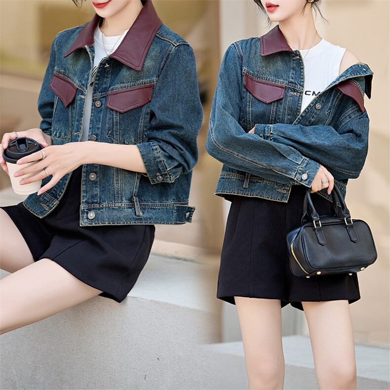 现货秋季新款韩版百搭港风复古牛仔外套女PU皮拼接夹克显瘦上衣，女装牛仔外套，江南女神