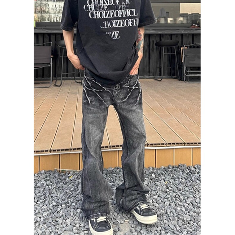 闪电裂纹做旧洗水显瘦百搭裤子宽松直筒微喇黑色牛仔裤男NT0814,男装牛仔裤,星座1116A（原606A-3）