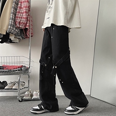 新款高街美式牛仔裤男女直筒微喇裤vibe绑带情侣工装裤10332-p48，男装牛仔裤，星座1008-1