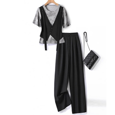 （现货）时尚套装女气质通勤T恤拼接背心马甲阔腿裤工装两件套，女装套装/套裙，韩蔻秀