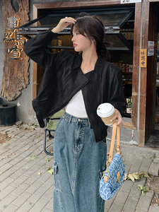 休闲短外套女2025春秋新款百搭气质显瘦韩版斜拉链夹克上衣米白色图片