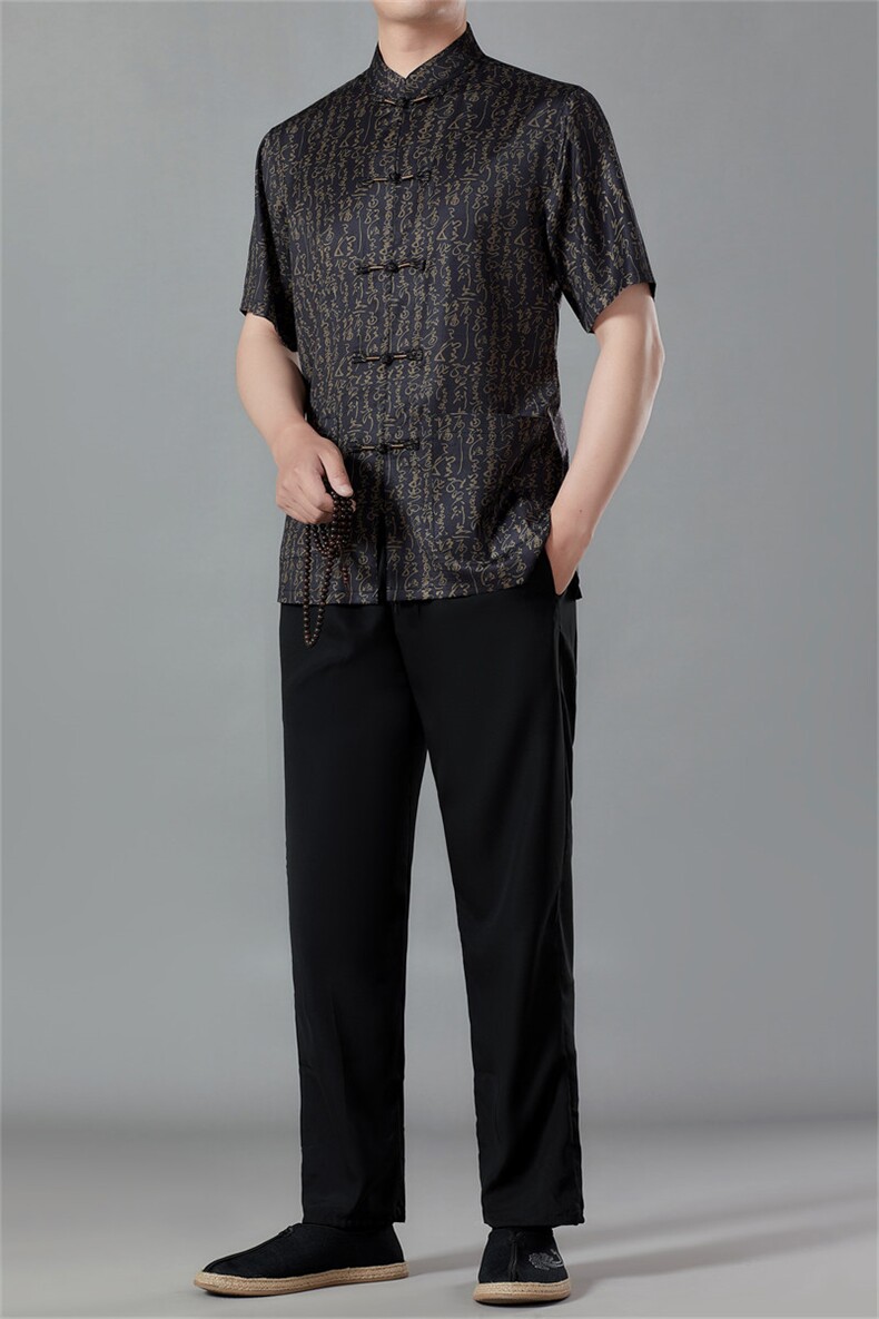 夏季唐装男士短袖中老年风爸爸装套装中式父亲冰丝爷爷衣服男,男装民族服装,电商B212（原钱塘6029）
