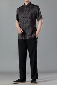 夏季唐装男士短袖中老年风爸爸装套装中式父亲冰丝爷爷衣服男图片
