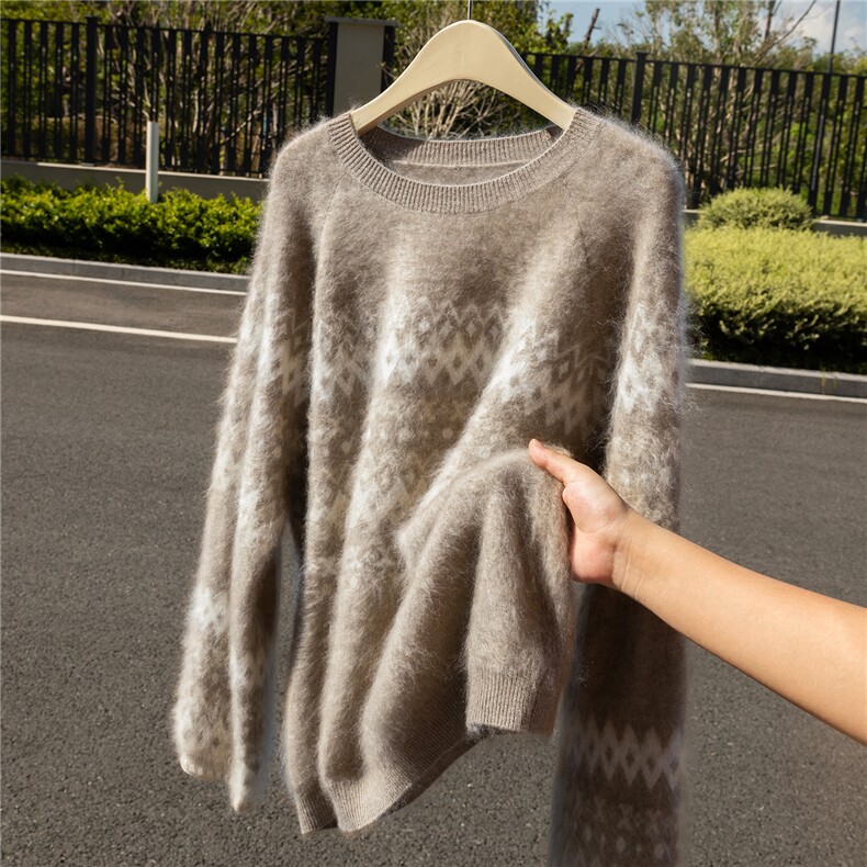HE|真拉绒工艺！费尔岛风A规100%纯山羊绒衫女圆领撞色宽松毛衣，女装羊绒衫，诚赞羊绒