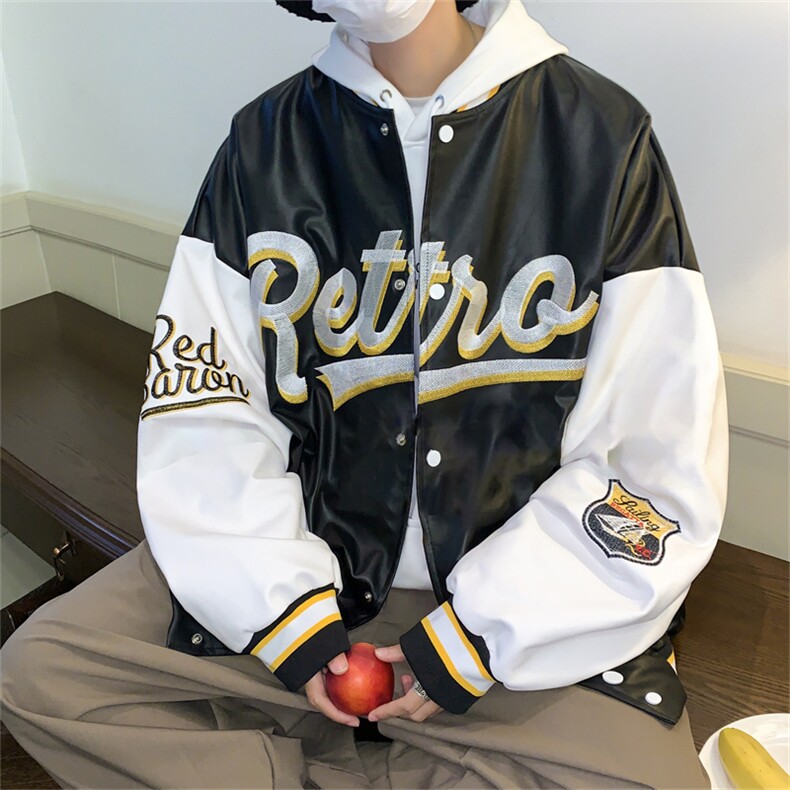 特批72控128 秋款pu皮拼色男士棒球领刺绣外套机动皮夹克潮PJ222图片