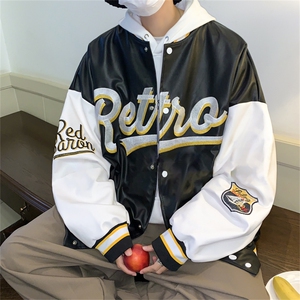 特批72控128 秋款pu皮拼色男士棒球领刺绣外套机动皮夹克潮PJ222图片