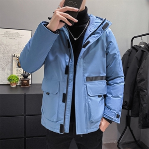 万件现货新款店主风男士修身连帽户外工装白鸭绒羽绒服图片