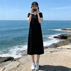 欧货时尚潮流长款连衣裙女夏新款洋气宽松蕾丝拼接连帽短袖休闲裙，女装套装/套裙，江南