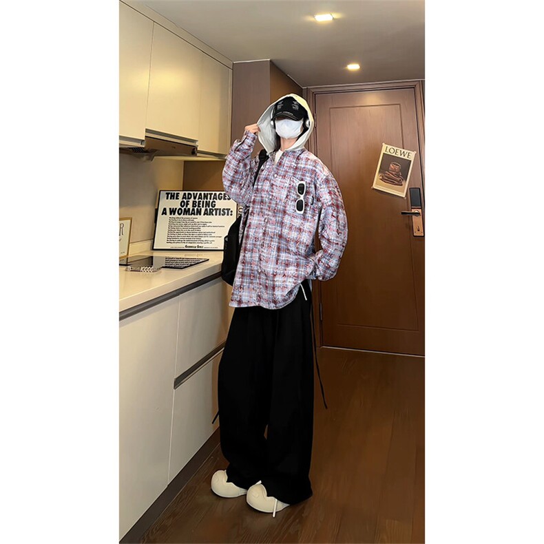 【现货】男女格子衬衣宽松外套扎染水洗连帽情侣衬衫控78,男装衬衫,星座301D-2(原星座1004-1）