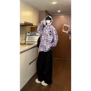 【现货】男女格子衬衣宽松外套扎染水洗连帽情侣衬衫 控78图片