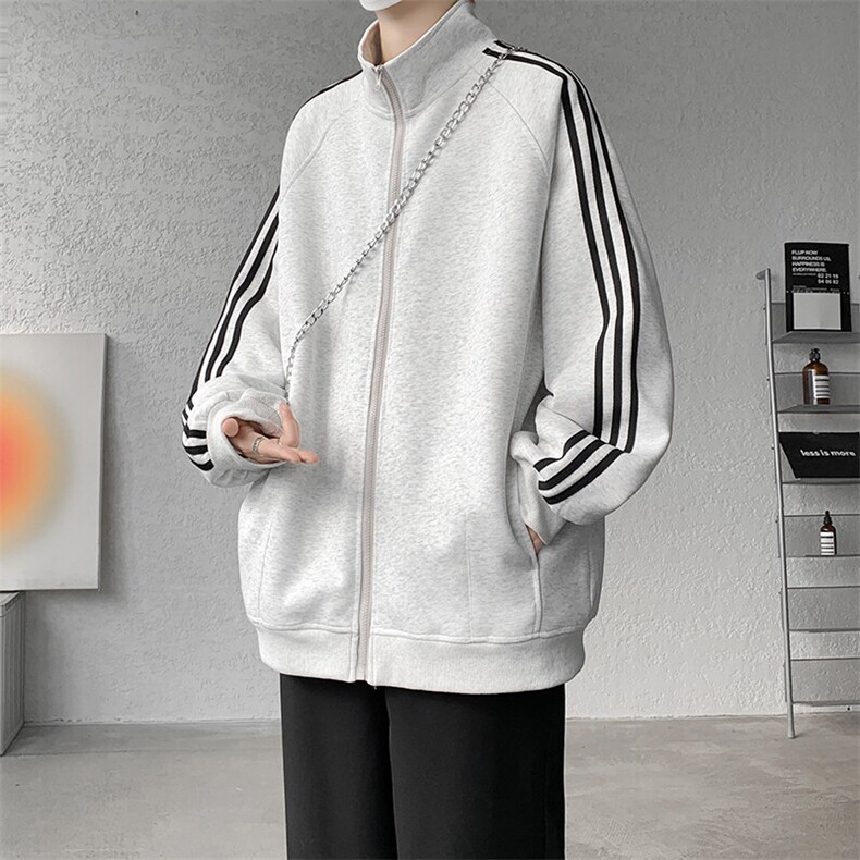 8XL-M三条杠运动卫衣特大码美式条纹立领夹克开衫外套JK5205/P65图片