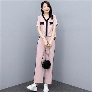 2021年夏季新款女装休气质休闲撞色时尚套装两件套图片