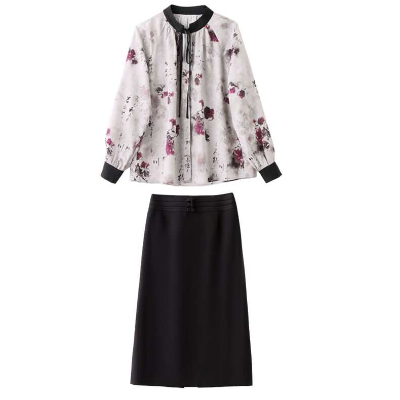 《现货新品》缎面提花领口绑绳设计时尚套裙两件套,女装套装/套裙,魅丽静蓝