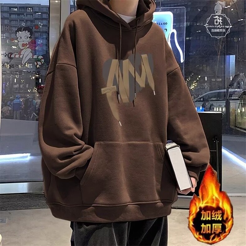 复古棕咖色卫衣女慵懒风连帽宽松外套秋冬加绒加厚ins潮大码上衣图片