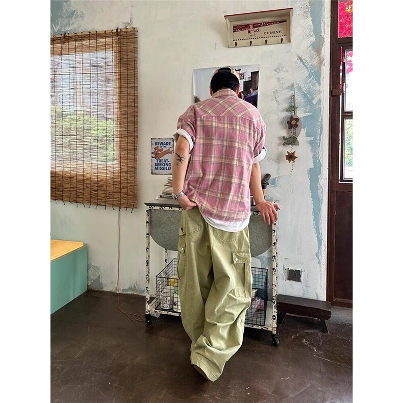 W464-P38夏季撞色拼接格纹翻领短袖衬衫,男装衬衫,星座911-1