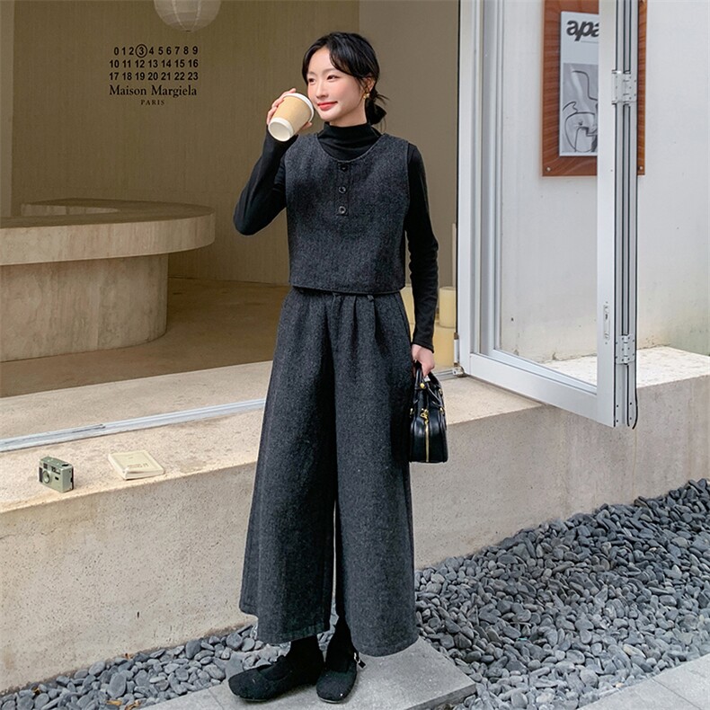 高级感轻熟风马甲打底衫阔腿裤套装女2025春季新款时尚显瘦三件套,女装套装/套裙,2C029
