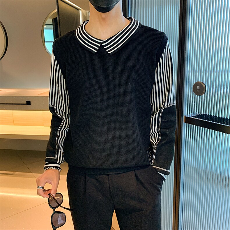 秋冬季节新款拼接条纹假两件衬衫男士时尚潮流毛衣MY0847-P55,男装针织衫/毛衣,星座308B-2