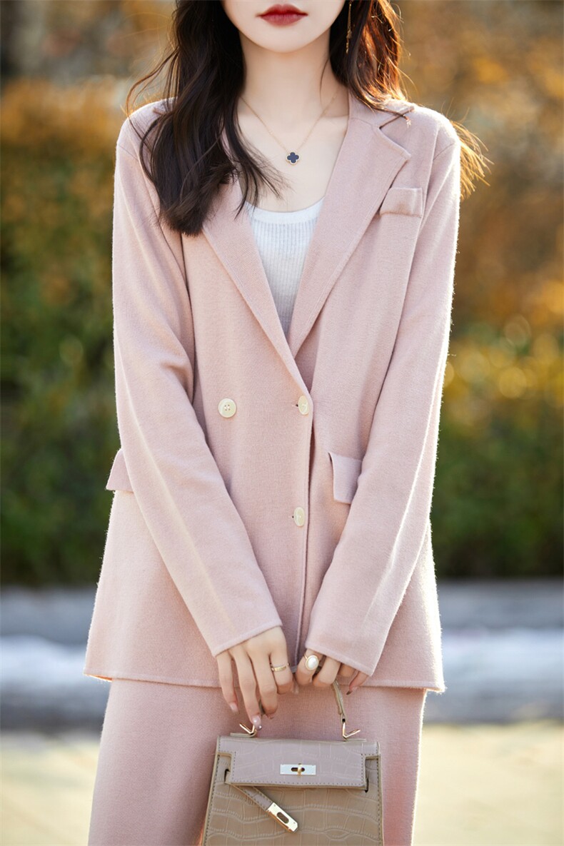 春秋西装领精纺羊毛开衫女纯色长袖针织外套毛衣宽松带兜外搭上衣,女装羊毛衫,总能电商供货