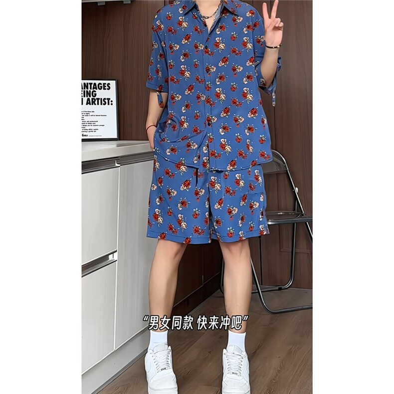 短袖衬衫男+短裤男套装男100%聚酯纤维M-5XL大码TZ78702P50控98,男装休闲套装,星座226-1