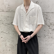 夏季大码薄款复古透气感镂空蕾丝古巴领衬衫休闲男女中性防晒短袖，男装防晒衣，星座909