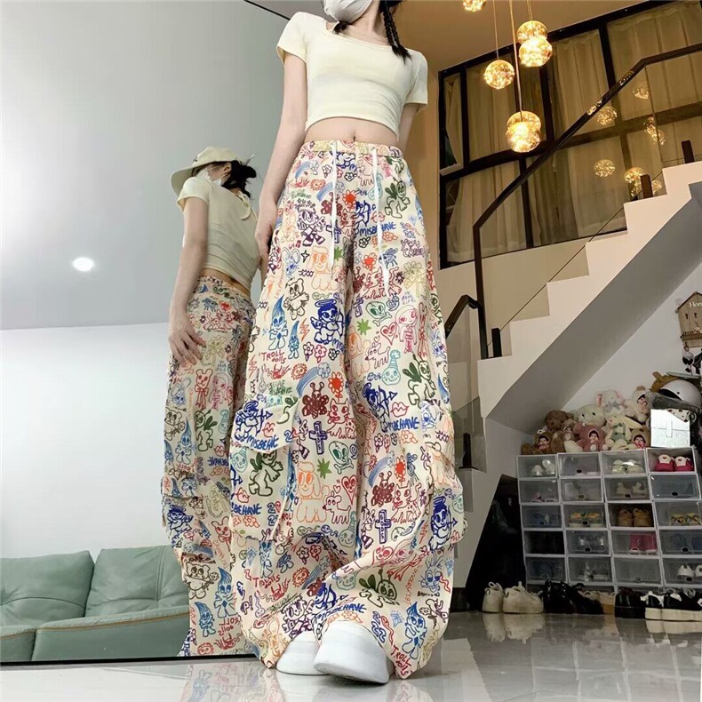 美式涂鸦印花休闲裤女春夏新款设计感高腰爵士跳舞工装垂感拖地裤图片