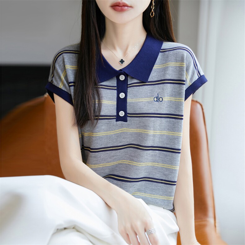 POLO领莱赛尔天丝针织短袖T恤女条纹拼色刺绣上衣宽松半袖打底衫,针织衫/毛衣,九嘉羊绒