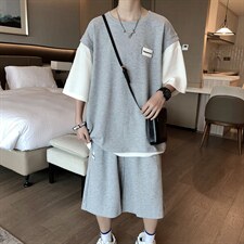 2022假两件港风夏季华夫格短裤短袖T恤学生套装男T787-P45，男装T恤，星座512-2