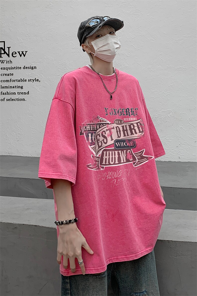 B239-1098-P38创意字母印花复古水洗做旧重磅落肩袖短袖T恤,男装T恤,星座514-2(原B239)