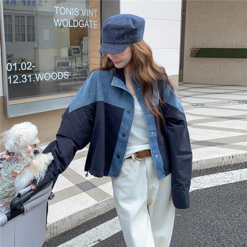 韩系撞色牛仔拼接外套女2025秋季新款小个子宽松休闲百搭夹克上衣,女装短外套,1C071-1